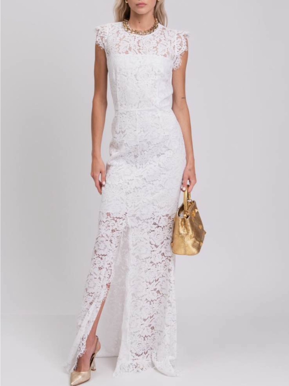 Rachel Zoe White Lace Maxi Dress with Cap Sleeves